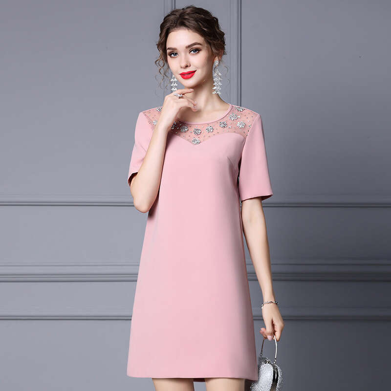 petite dress 2024 new womens summer pink nail diamond cover belly slimming A-line skirt short