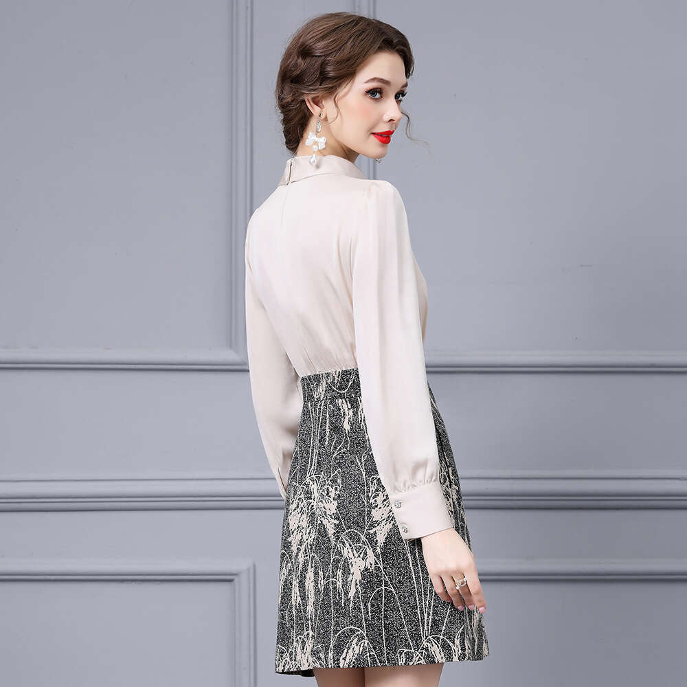 French gentle light mature style waist cinching and slimming printed contrasting splicing fake two-piece dress 2024 autumn new collection