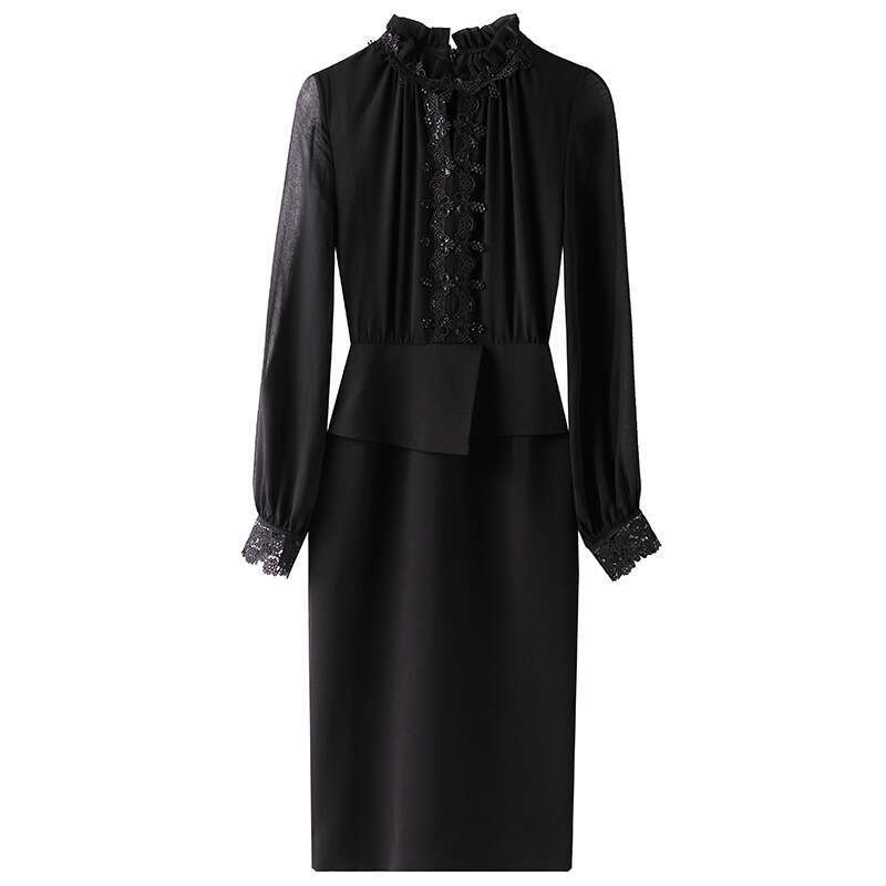 formal occasion dress 2024 autumn new item black fungus edge stand collar purple long sleeved slim fit hip hugging skirt