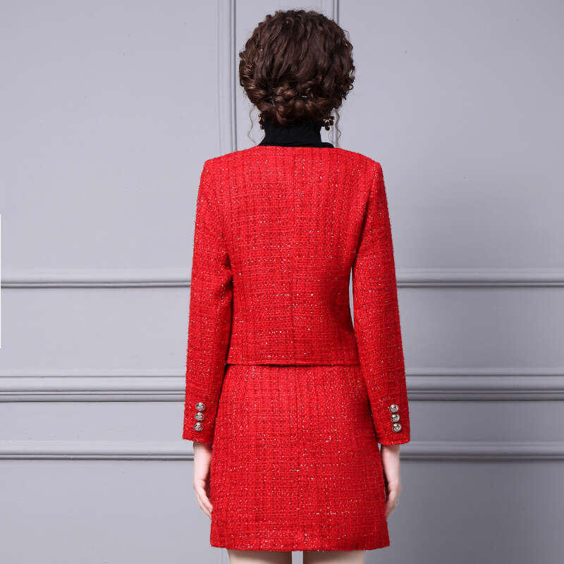 Red Womens Fashion 2024 New Style Short Coat Fashionable Hip Bag Skirt Two Piece Set