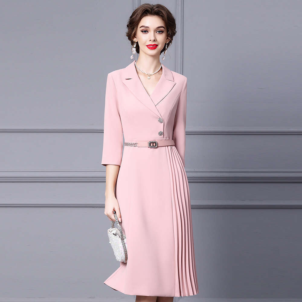 OL commuting temperament unique pleated A-line skirt belt suit collar dress autumn new womens clothing 2024