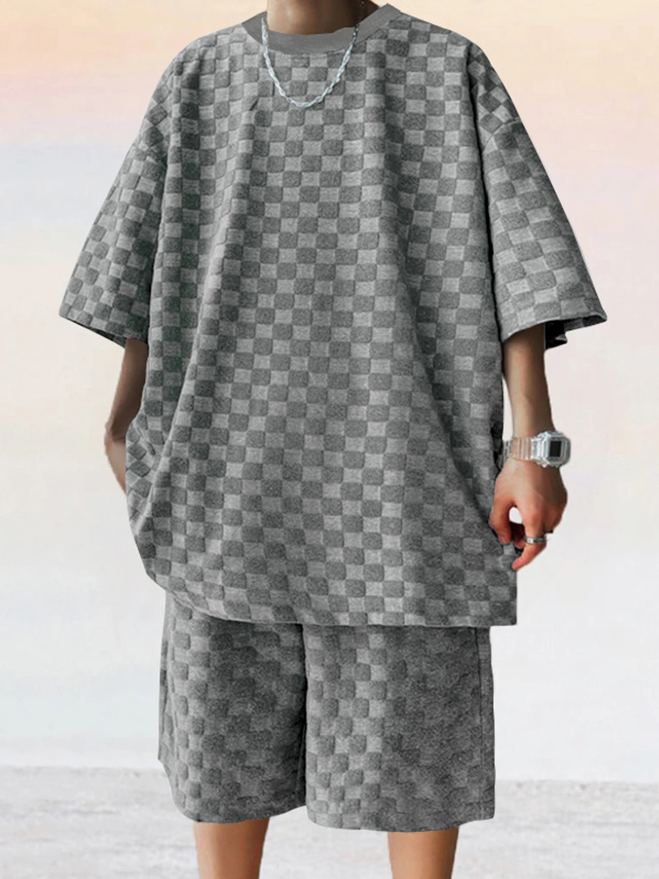 Summer Europe and the United States fashion mens checkerboard spring summer relaxed sports leisure twopiece set 241010