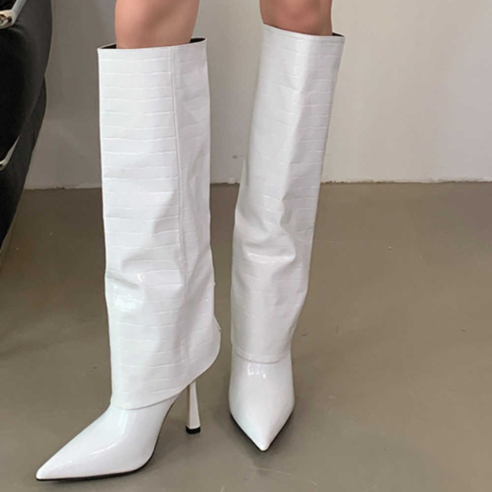 Sharp Pointed Fashion Boots Women Slim High Heel Boot Fashionable Leather Martin Boots Spring Autumn Crocodile Pattern Knee High Heels Knight Boots 24