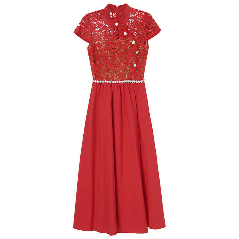 Smart and gentle style dress with lace temperament long short sleeved A-line dress 2024 summer new collection