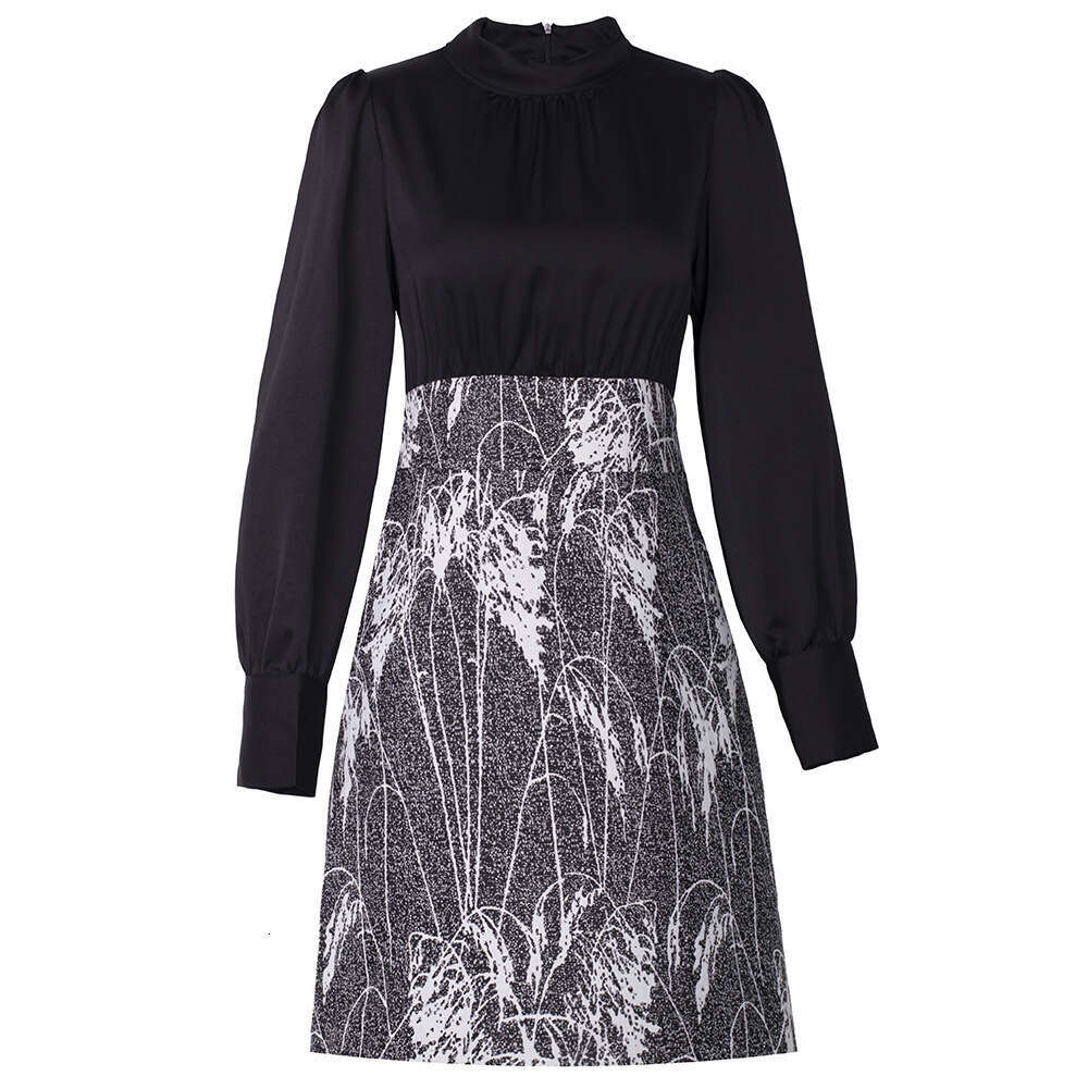 French gentle light mature style waist cinching and slimming printed contrasting splicing fake two-piece dress 2024 autumn new collection