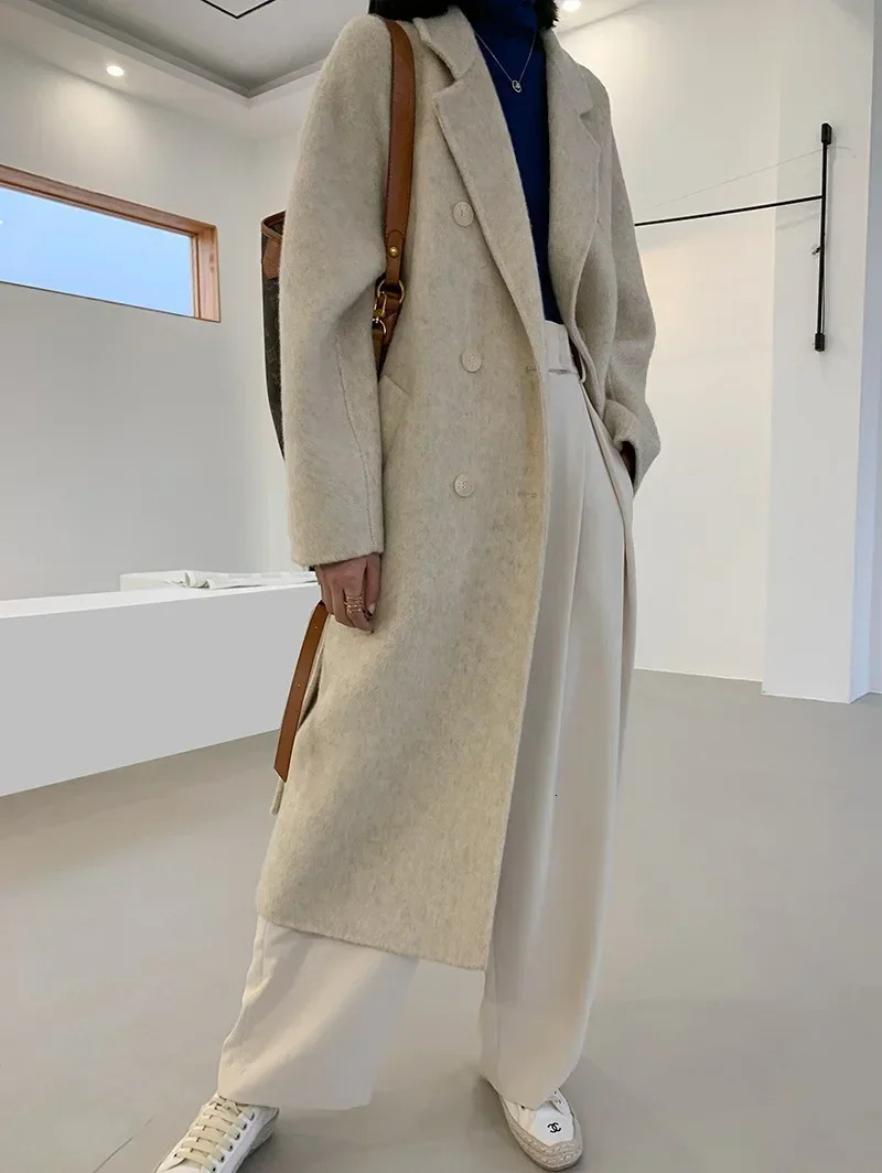 2024 Autumn Winter Wool Coat Women Doublebreasted Solid Color Womens Doublesided Woolen Belt Coats Loose Warm Jacket 240930