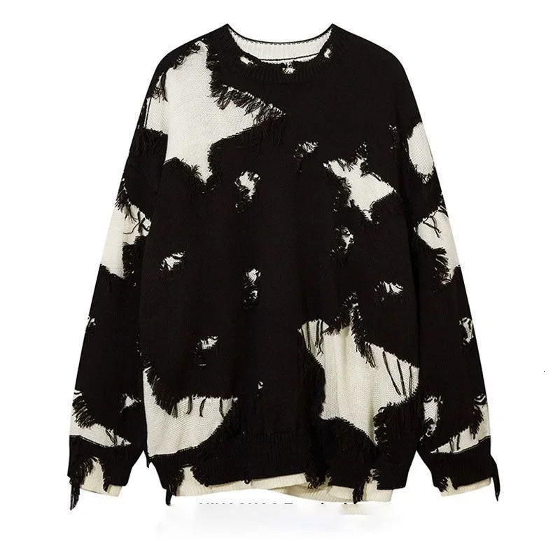 Star Hollow Tassel fashion hip-hop mens sweater Inset American High Street loose casual floral couple knitting 241007