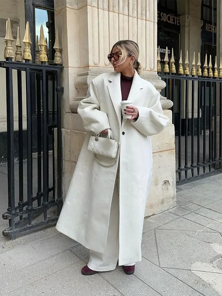 Autumn Oversize Solid Woolen Lapel Long Sleeve Coat Women Fashion One Button Overcoat 2024 Winter Lady Street Outerwear 240930
