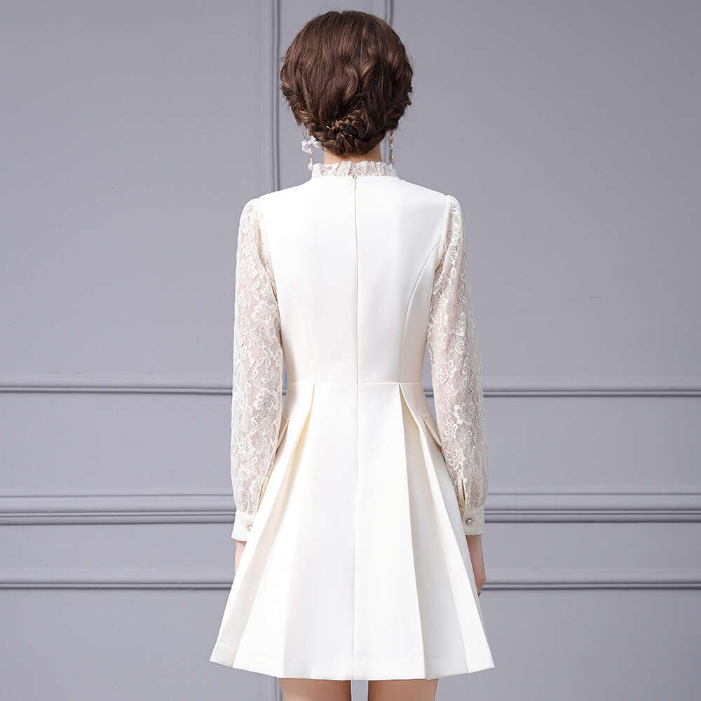 French luxury lace patchwork semi high neck long sleeved suit dress fake two-piece 2024 new autumn collection