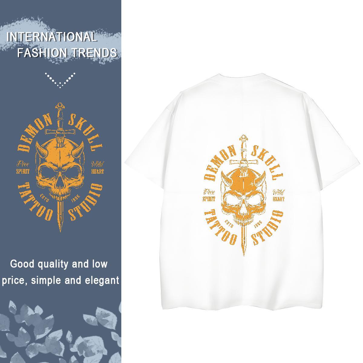 Fashion New Womens T Shirts 230g Pure Cotton Short Sleeve O-Neck Sport skull Tshirt for Man Woman High quality Floral Print Tee Shirt