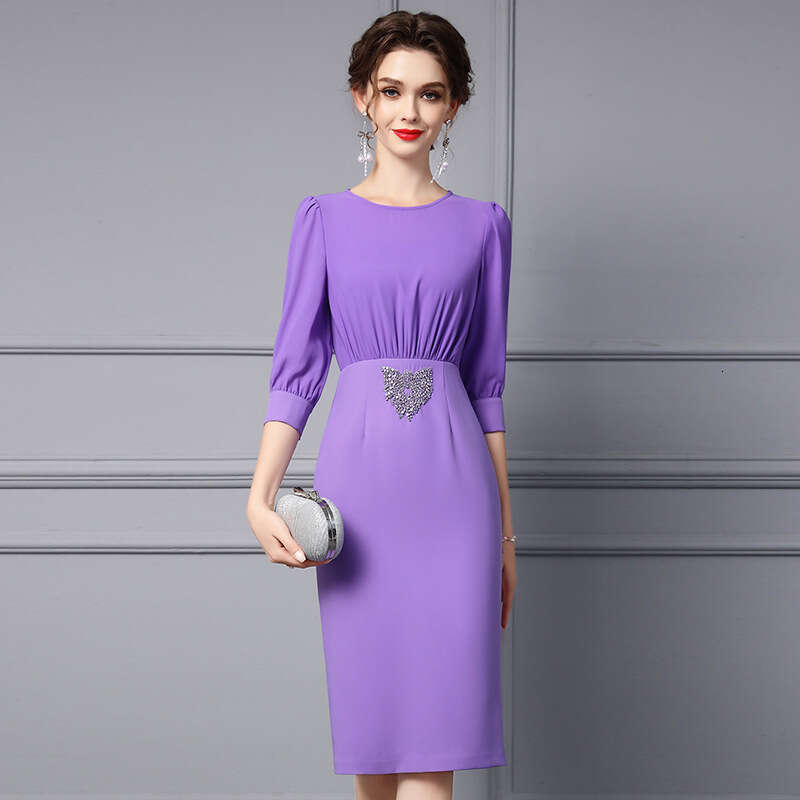 French Dress 2024 Womens New Autumn Sister Style High end Purple Nail Diamond Waist Bag Hip Skirt