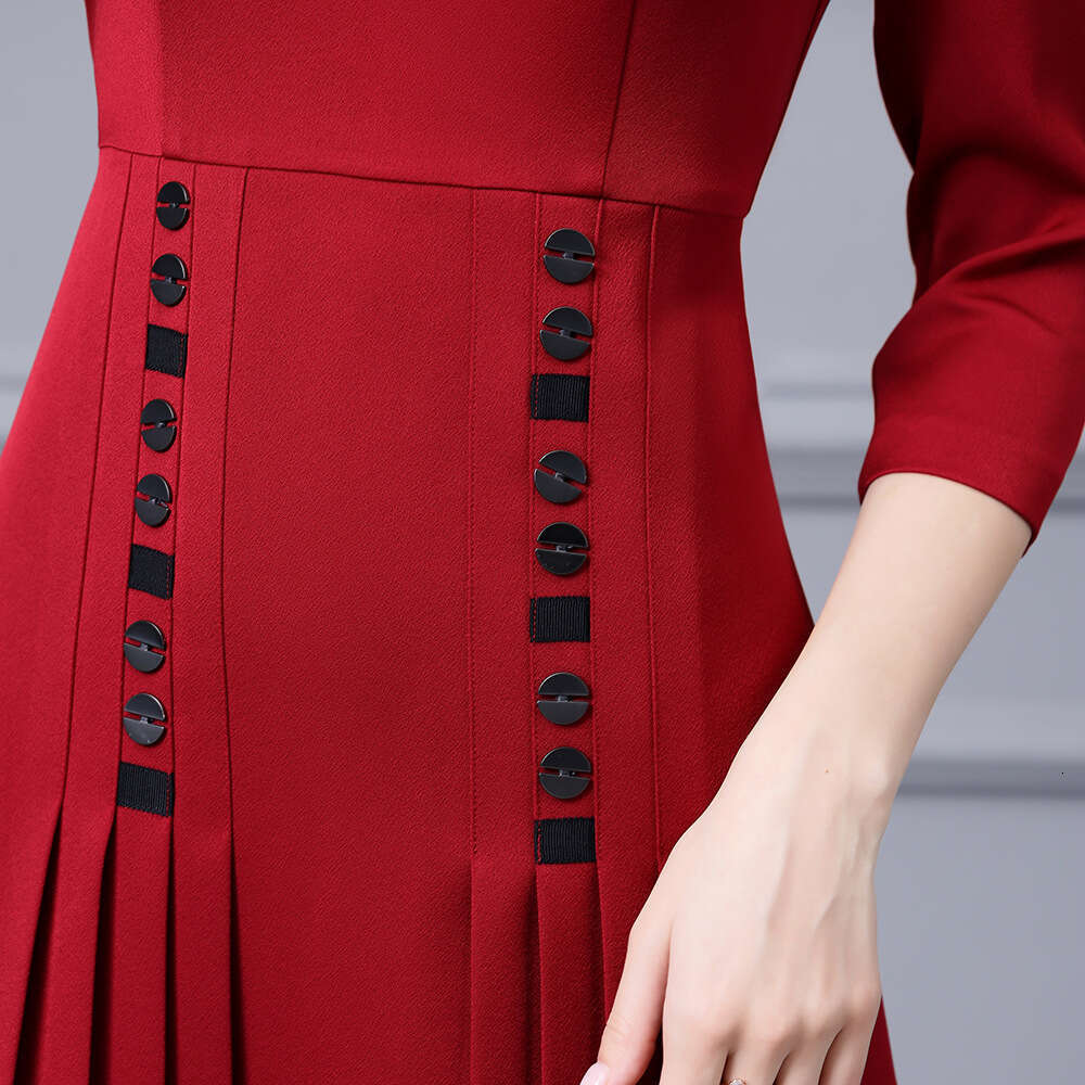 autumn clothing 2024 new item seven quarter sleeve high waist slimming noble womens pleated A-line square neck dress