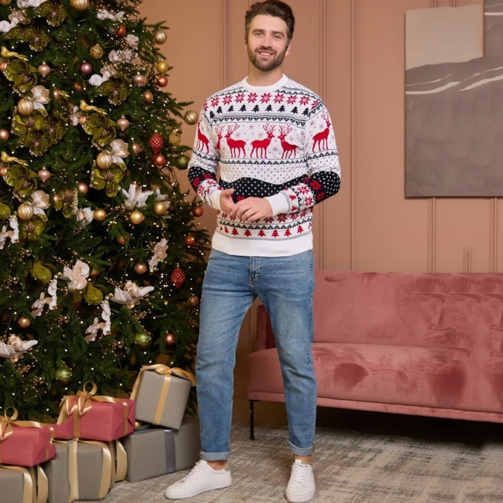 Men Christmas Sweater Thicken Knitwear Soft Loose Xmas Jumpers Winter Knitted Sweaters Couples Christmas Matching Outfits 241009