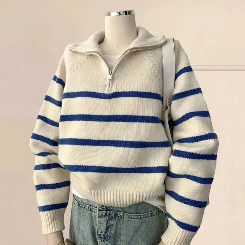 White striped warm womens sweater winter fashion lapel zipper knitted lapel womens loose Korean prefabricated soft knitting jumper 241011