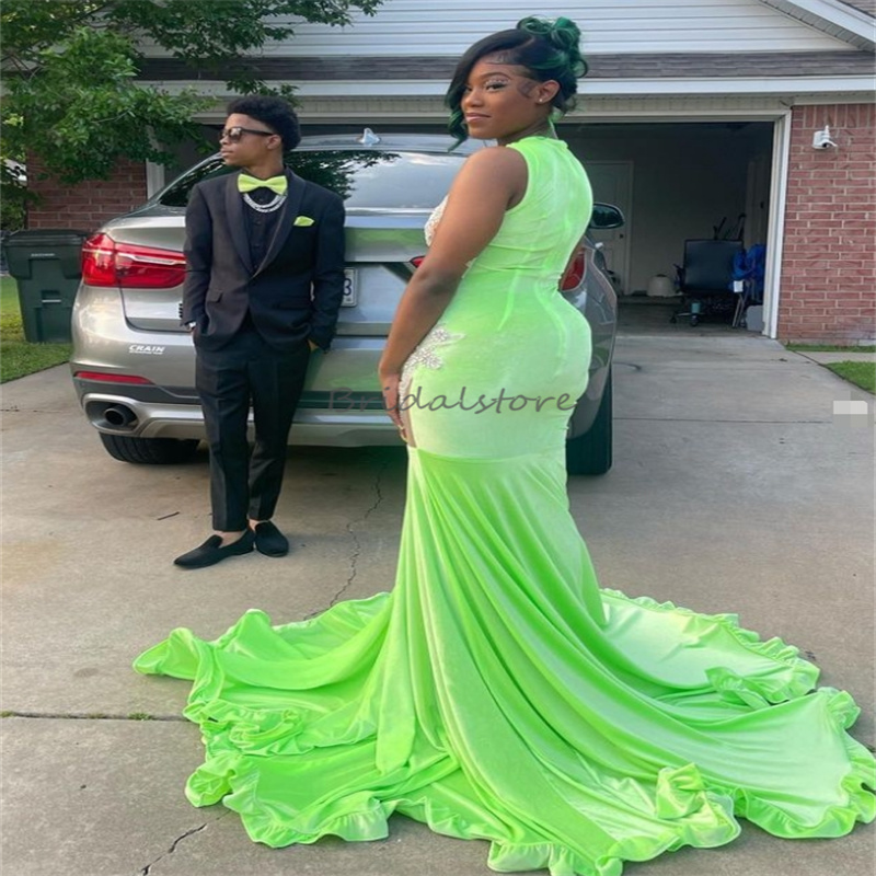 Lime Green Black Girls Prom Dresses 2025 See Through Beaded Appliques Mermaid Evening Dress Elegant Velvet African Birthday Dress vestido de gala noch