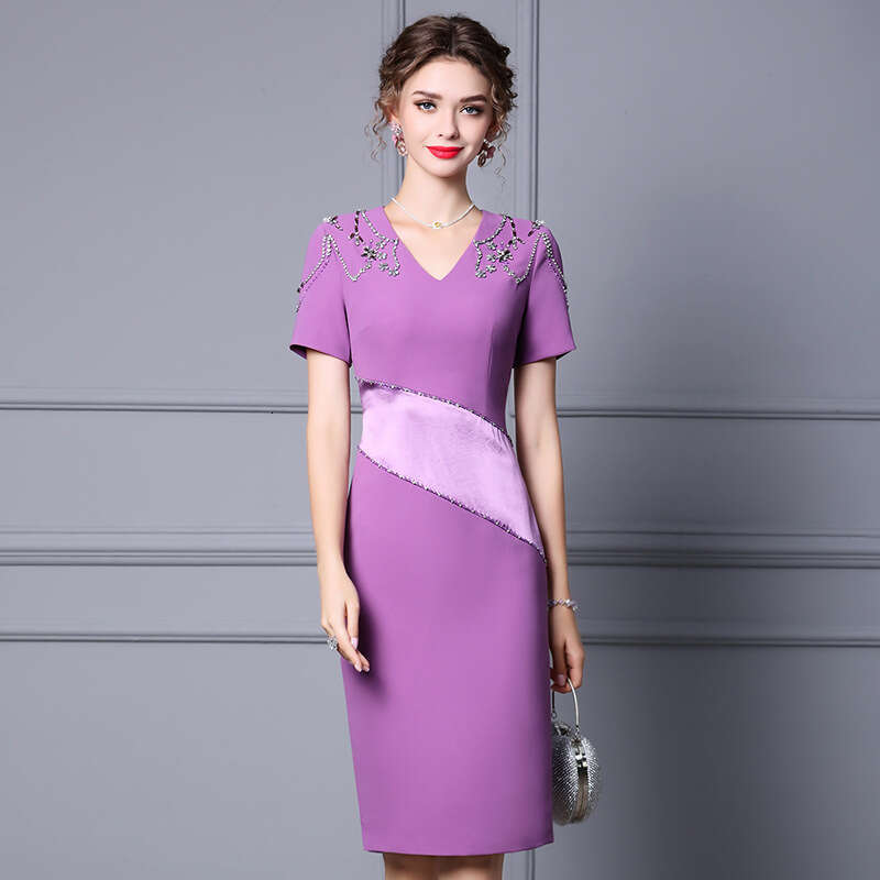 Purple Dress for Womens Summer 2024 New Elegant Style Acetic Acid Splicing V-neck Slimming Hip hugging Skirt