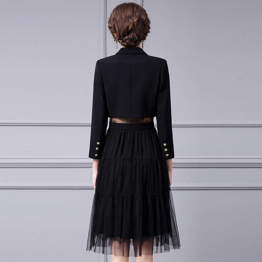 Mesh Splicing Suit Skirt 2024 New Black High Grade Waist Dress with Large Swing Elegant Goddess Style