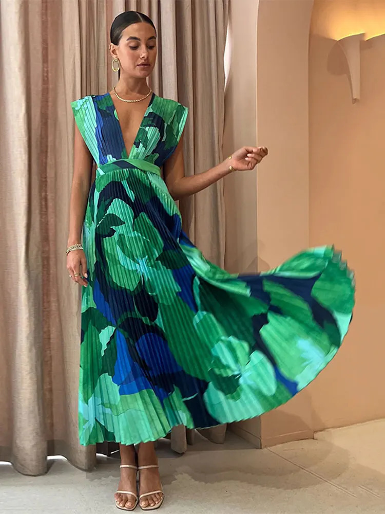 Maxi Dresses Summer Autumn Chic Vacation Holiday Vestidos Elegant V-neck Print Long Sleeve Dress For Women Patchwork Split 241010