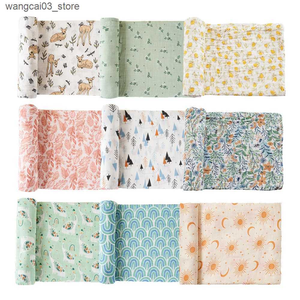 Blankets Swaddling HappyFlute Nature Printing 1pcs Muslin Cotton Fabric Baby Swaddle Light Blanket Baby Infant Wrap L240910