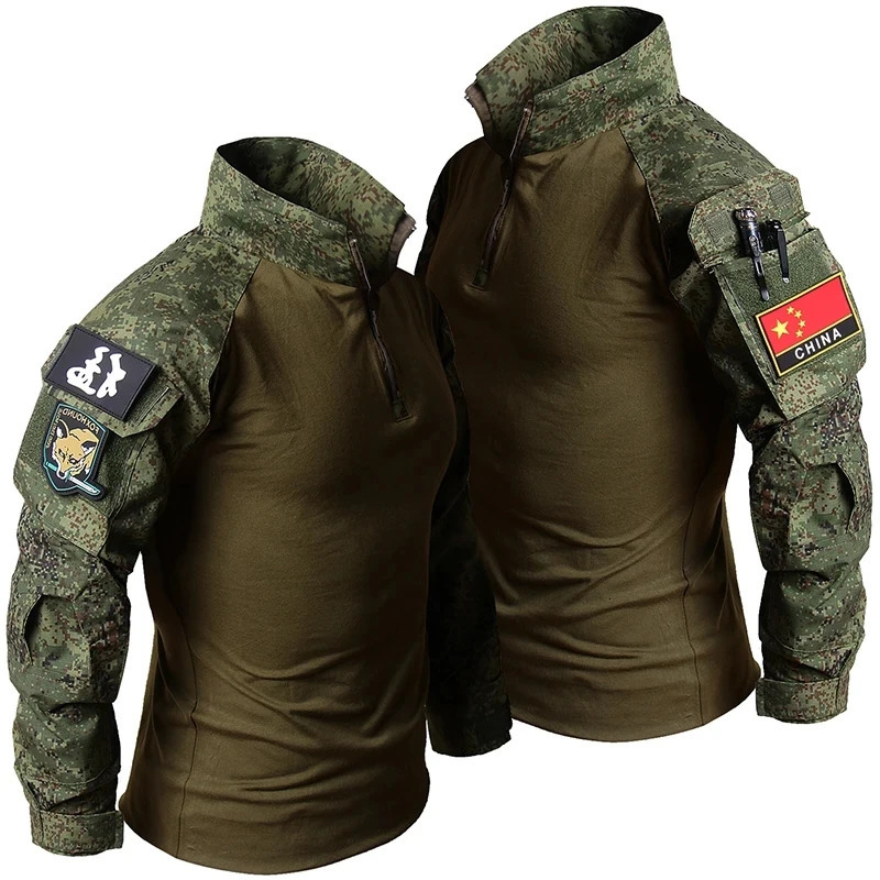 RU camouflage tactical set mens outdoor breathable long sleeved Tshirtmulti pocket straight cargo pants 2piece training combat 241008