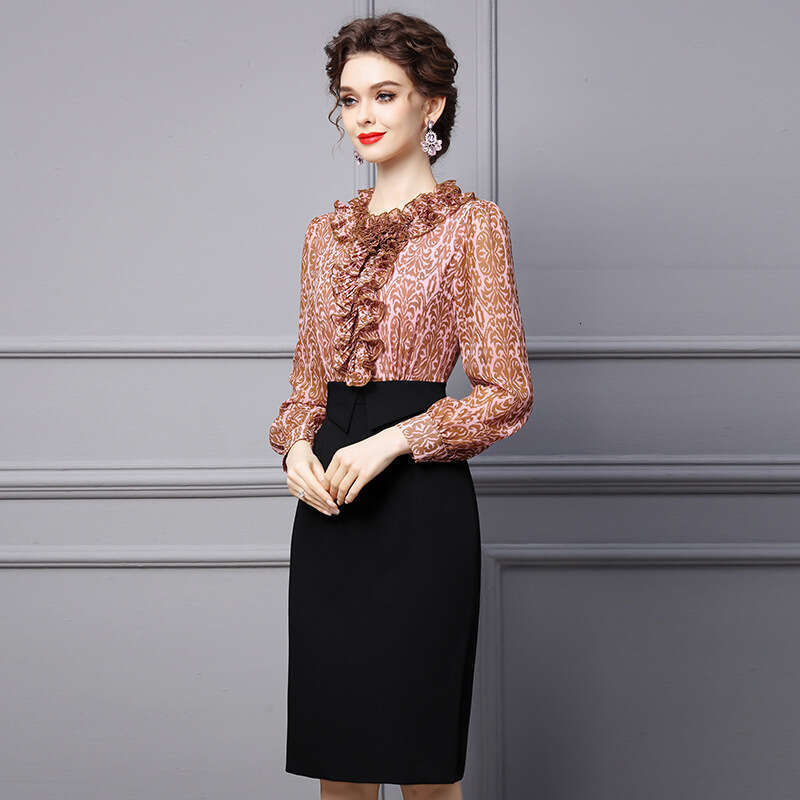 Autumn Dress for Women 2024 New Formal Occasion Bubble Lotus Leaf Edge Long Sleeves Hip Wrapping Skirt