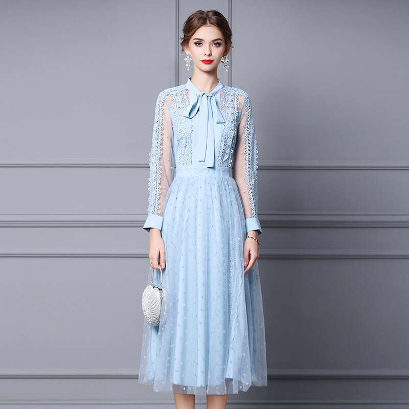 Water Blue Autumn 2024 New Style Womens Charm Waist slimming Lace Long Dress