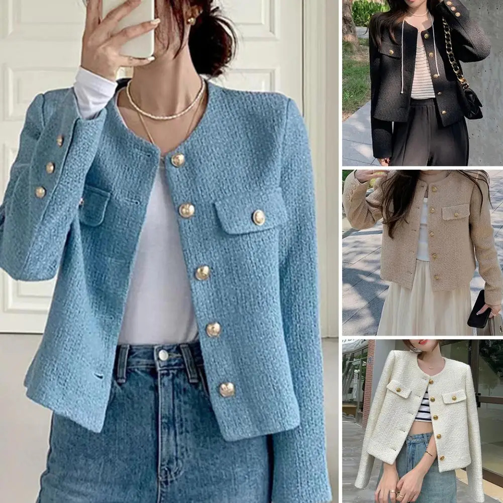 Womens jackets autumn jackets winter jackets tweed round neck long sleeved jackets 240930