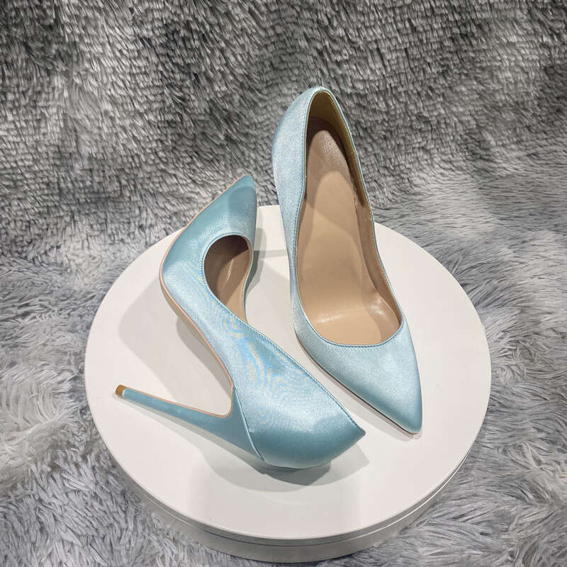 Women's Satin Silk 12Cm Narrow Pointed Sexy High-Heeled Shoes, Light Green, Blue, Wedding Dress,
