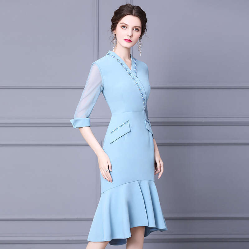 dress 2024 new autumn outfit nail bead seven quarter sleeve womens style waist cinching slimming fish tail skirt