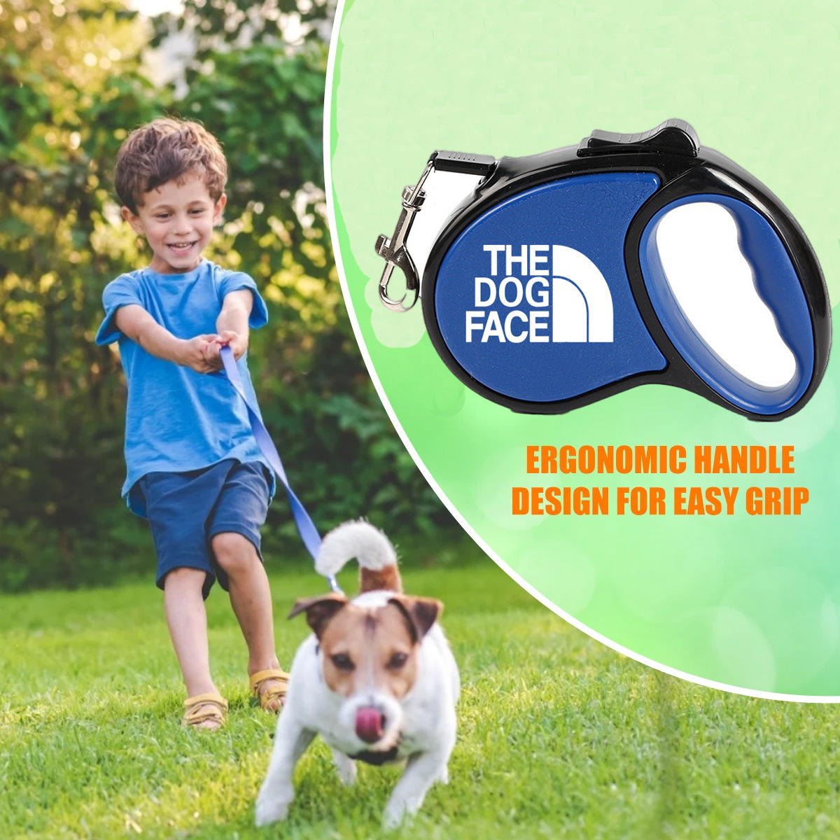 THE DOG FACE Classic Tape Retractable Dog Leash for Small Dogs up to 33 lbs.16 ft. Tangle Free Pet Walking Leash with One-Handed Brake, Pause, Lock Pi