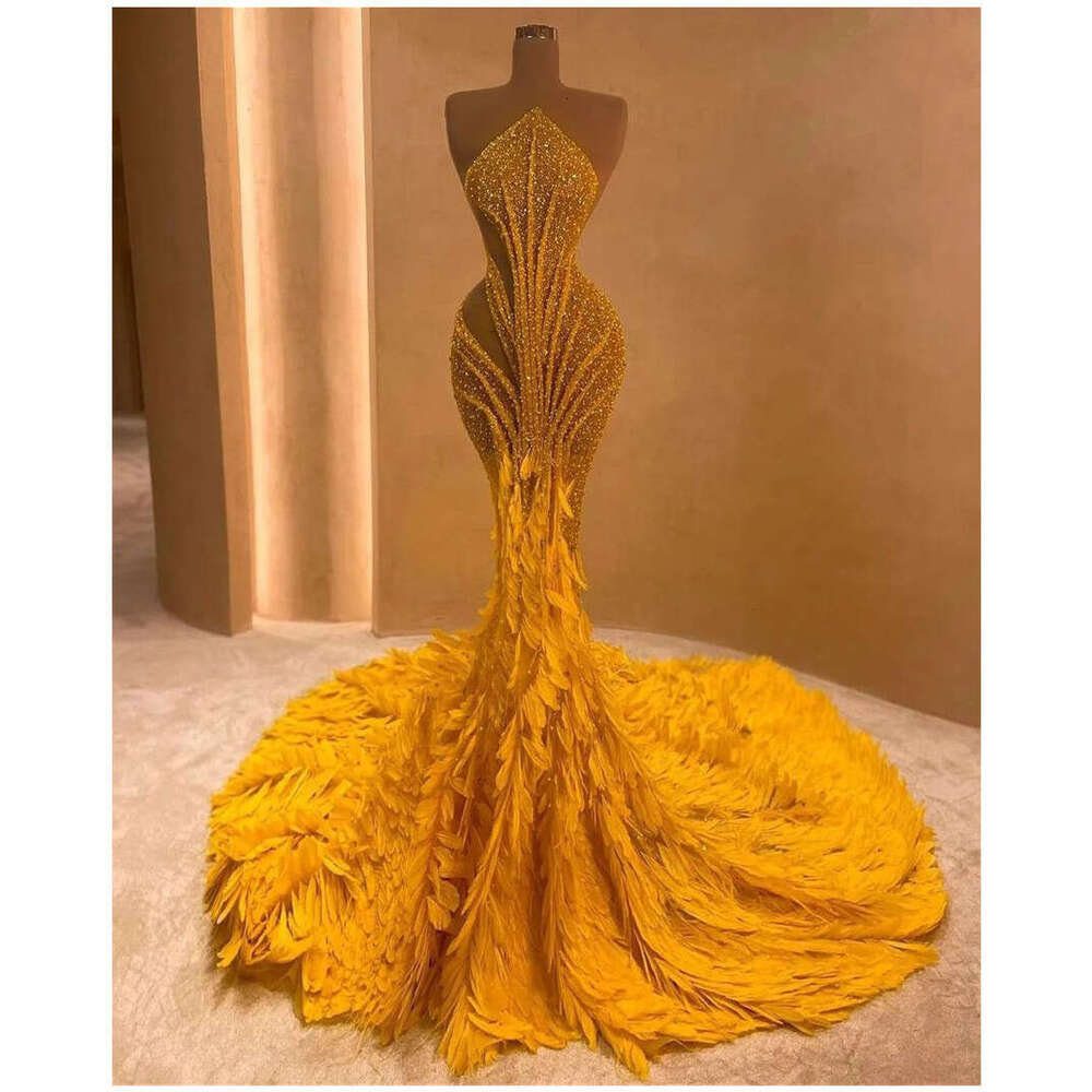 Mermaid Evening Sleeveless Bateau Sequins 3D Lace Sparkly Hollow Beaded Feather Train Prom Dresses Custom Made