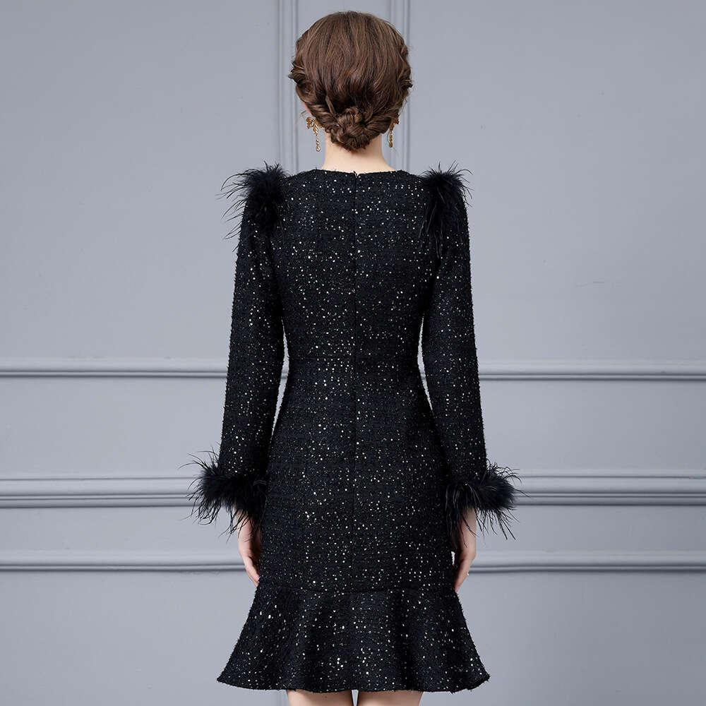 high-end dress with luxurious temperament ostrich fur handmade diamond inlaid broad wife fishtail skirt 2024 autumn new collection