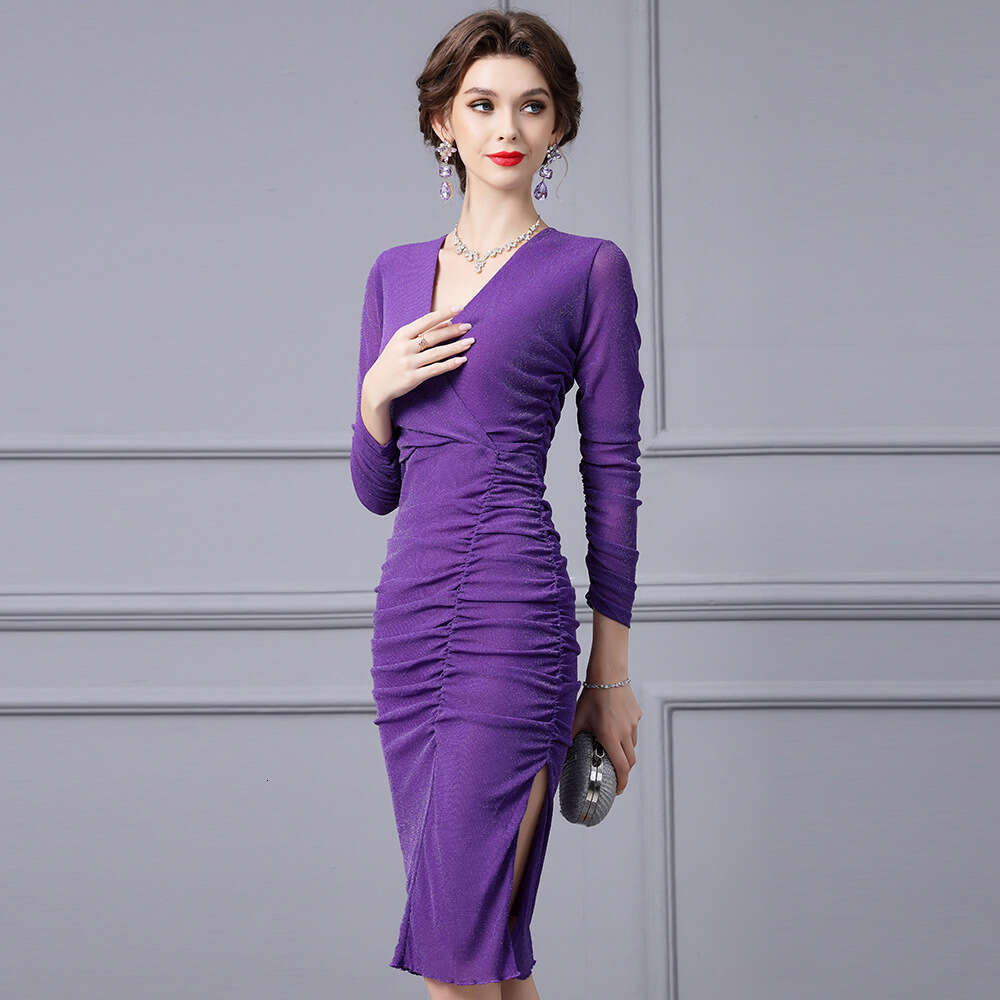 high-end V-neck long sleeved dress 2024 new style early autumn pleated high waist split hip hugging one-step skirt