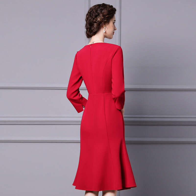 formal occasion dress 2024 autumn new red V-neck ruffled nine quarter sleeve slimming fishtail skirt