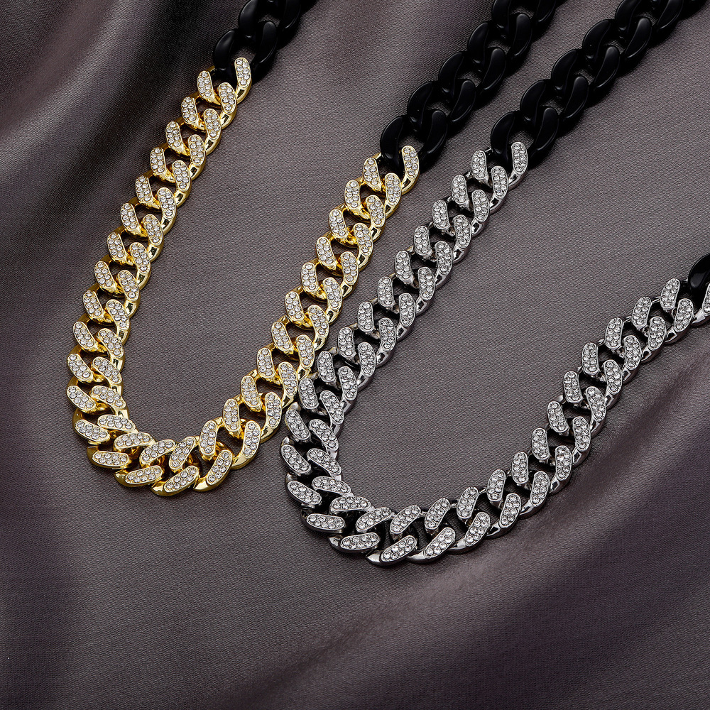 Hip Hop 2 Tone Iced Out Cuban Link Chain Black Acrylic Splicing Necklace Mens Personalized Versatile Miami Curb Chains Jewelry Accessories Sweater Cha