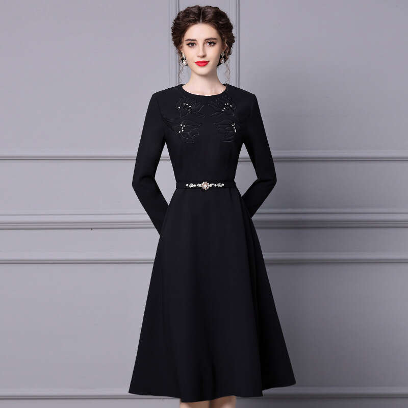 2024 Autumn Dress New Hepburn Embroidered Nail Bead Medium to Long Style Looks Thinner Interior Set A-line Skirt