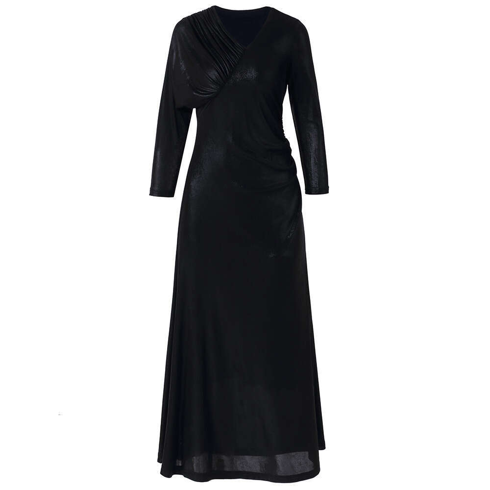 Smart stylish design V-neck pleats noble temperament. Wide lady with bat sleeves velvet dress medium to long spring and autumn styles
