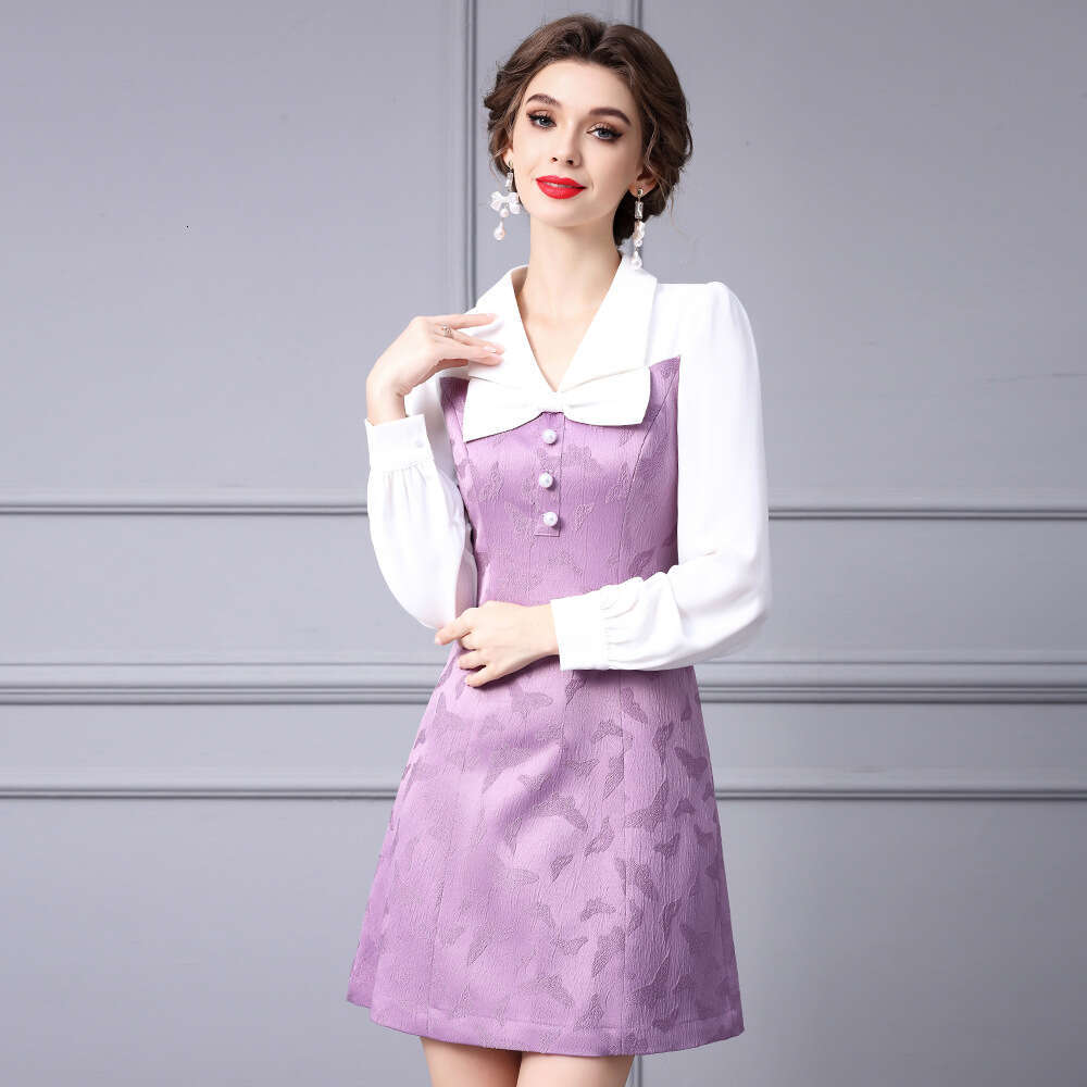 Smart and stylish ladies' style butterfly bow purple patchwork texture jacquard A-line dress 2024 new womens autumn