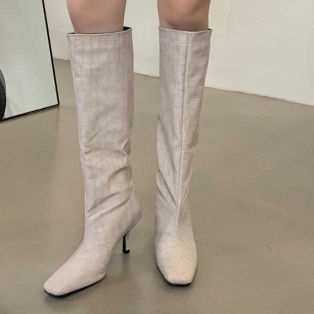 Crocodile Patterned Fashion Boots Square Toe High-heeled Long Martin Boots For Women Autumn Winter Knee Knight Boots Slim Heels Boots 240826