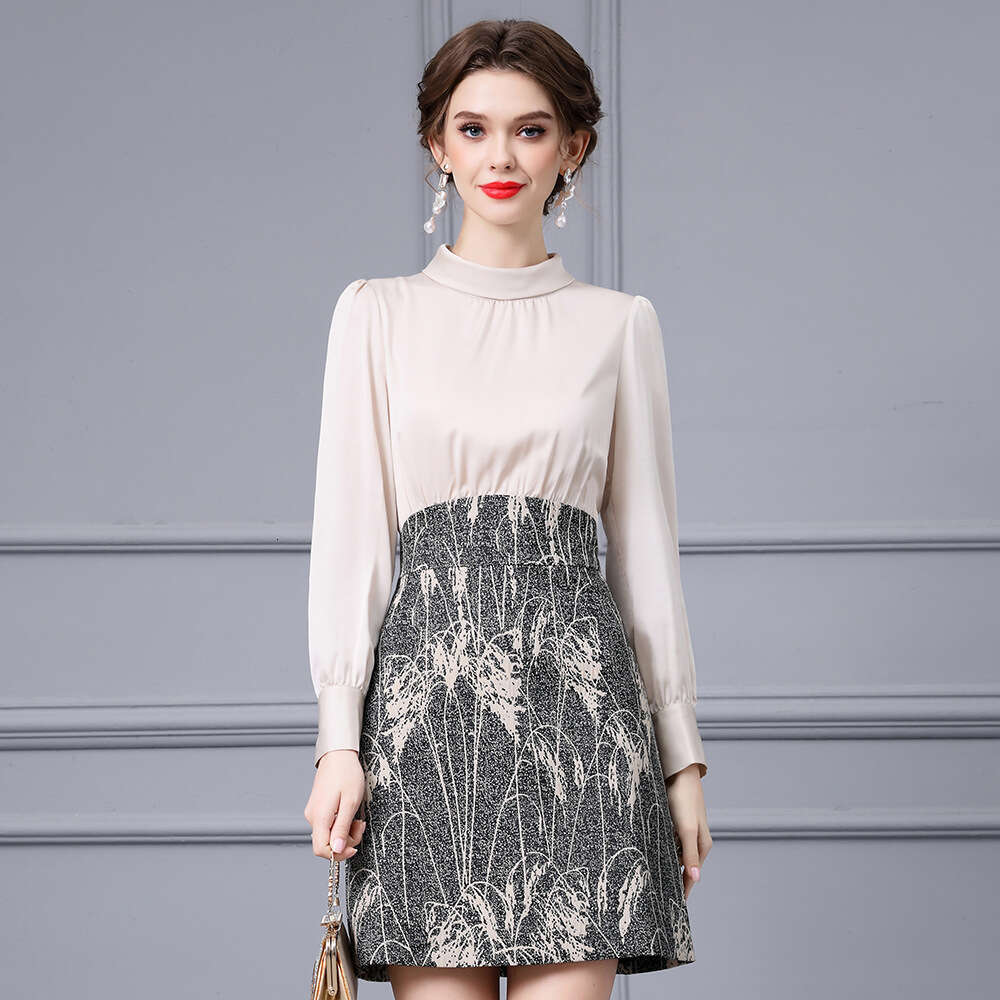 French gentle light mature style waist cinching and slimming printed contrasting splicing fake two-piece dress 2024 autumn new collection