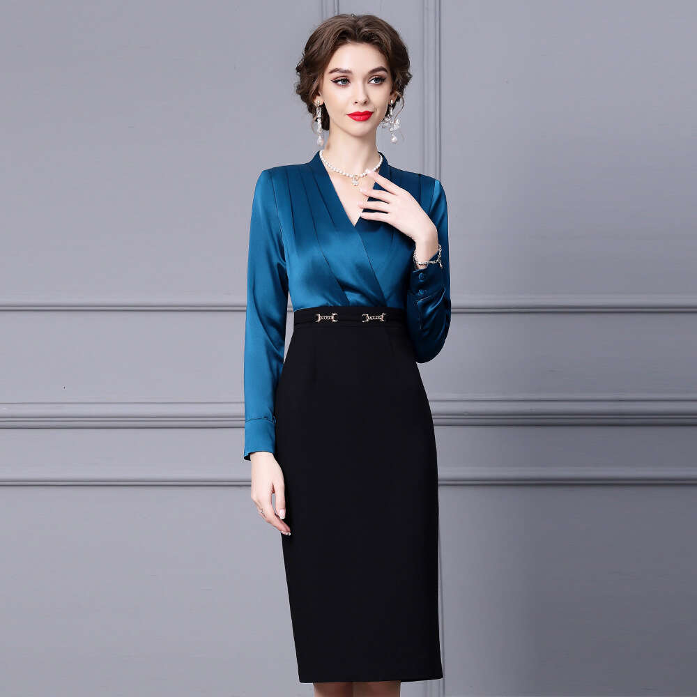 Smart and luxurious commuting style hip hugging dress 2024 new autumn slimming long sleeved patchwork workplace vacation two pieces