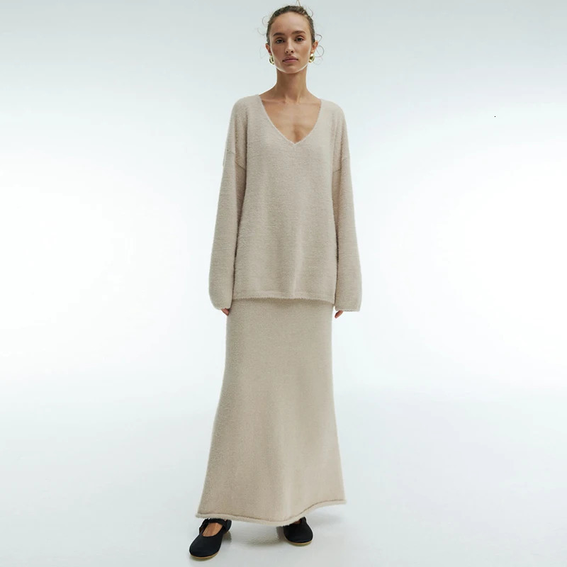 DGLUKE Elegant 2-piece Set suitable for womens V-neck Mohair sweaters and Maxi ski sets womens autumn and winter sets knitted matching sets 241011