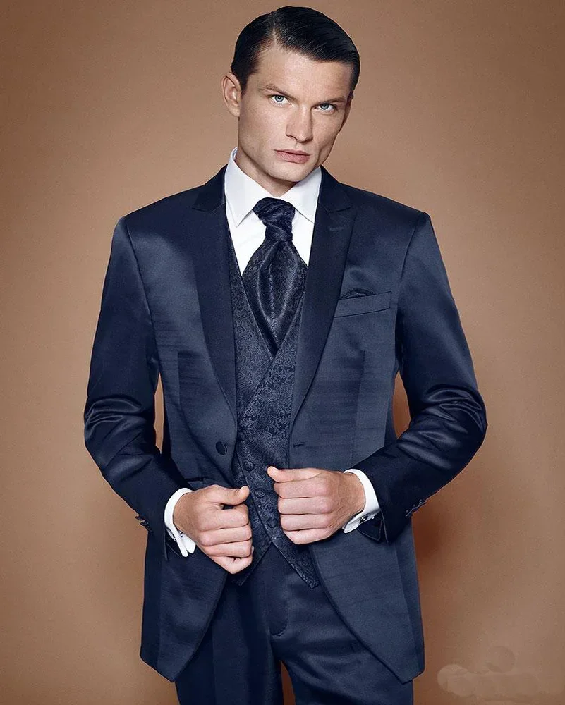 Formal Groom Tuxedos for Wedding 2024 Navy Blue Men Suits Slim Fit Peak Lapel Best Man Blazer 3 Pcs ( Jacket + Pants + Vest )