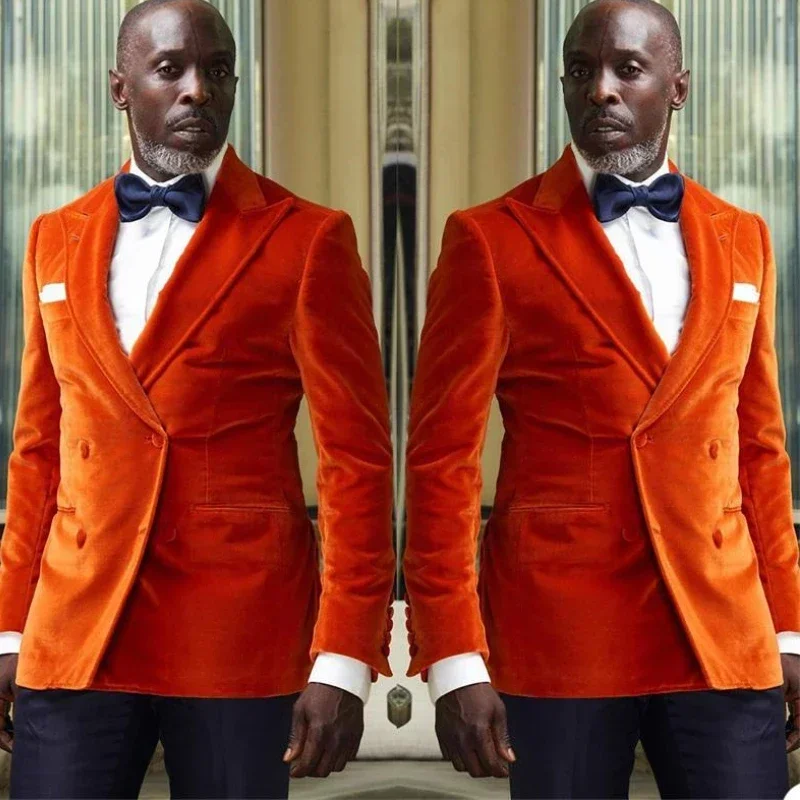 African Men Suits Slim Fit Double Breasted Peak Lapel Velvet Groom Tuxedos For Wedding Male Costume 2 Pcs (Jacket + Pants) 2024