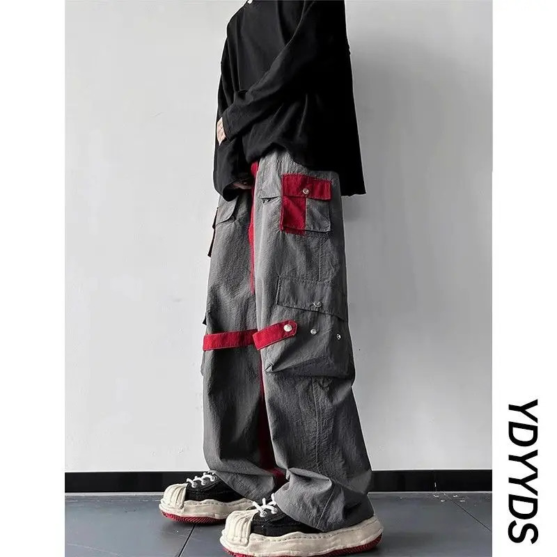 Spring and autumn solid color fashionable elastic waist cargo pants for womens high street casual loose pocket patch work button Y2K Trouser 241007