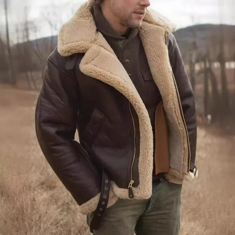 Mens winter fur collar leather jacket mens casual thick cashmere warm PU leather jacket outdoor windproof and cold proof jacket 240930