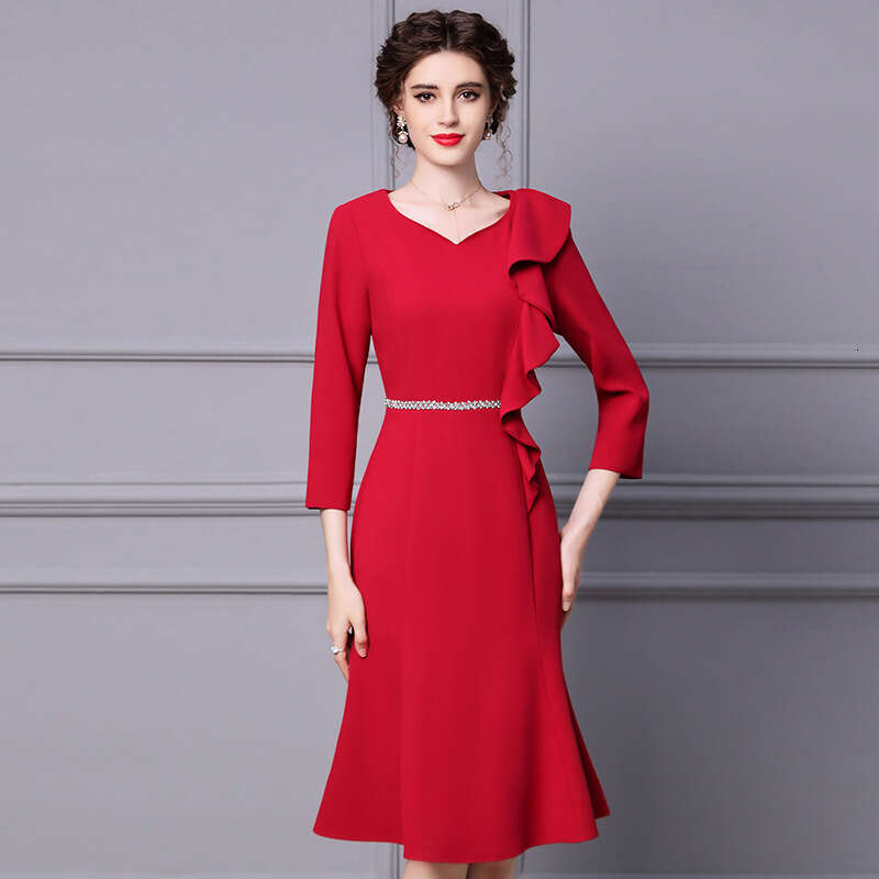 formal occasion dress 2024 autumn new red V-neck ruffled nine quarter sleeve slimming fishtail skirt