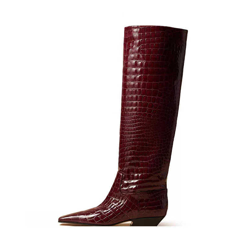 Leather Crocodile Patterned Fashion Boots Square Headed Long Tube Martin Boots For Women With Thick Heels Slim Tall Knight Boots 240826
