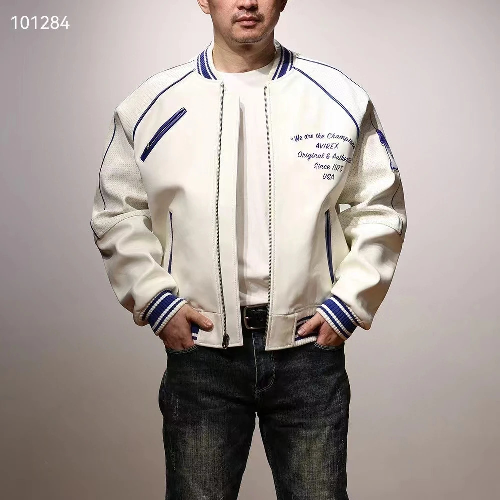 White baseball outfit leather jacket thickened French sheepskin spring and autumn mens American size top 241011