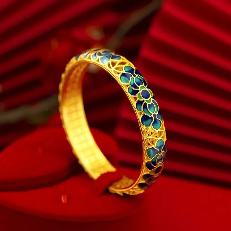 High quality 999 genuine gold 24K enamel hollow bracelet lotus bracelet AU750 girlfriend pendant gift 240929
